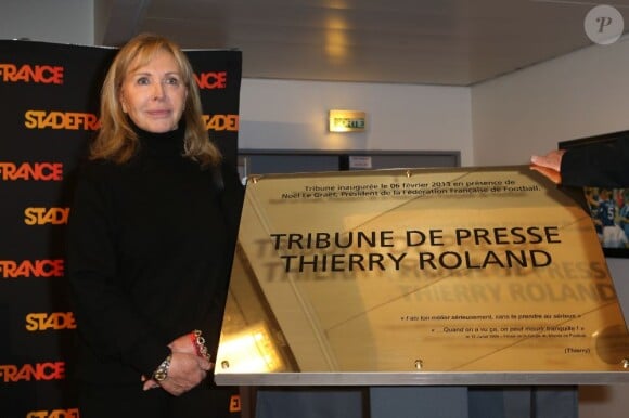 Françoise Boulain lors de l'inauguration de la tribune de presse du Stade de France qui portera désormais le nom de Thierry Roland, le 6 février 2013
