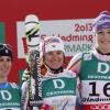 Marion Rolland accompagnée sur le podium de Nadia Fanchini et Maria Höfl-Riesch est devenue championne du monde de descente à Schladming en Autriche le 10 février 2013