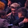 Exclusif - Le groupe One Direction (Harry Styles, Niall Horan, Louis Tomlinson, Zayn Malik, Liam Payne) à table accompagnés de James Corden lors de la cérémonie des BRIT Awards à Londres, le 20 février 2013.