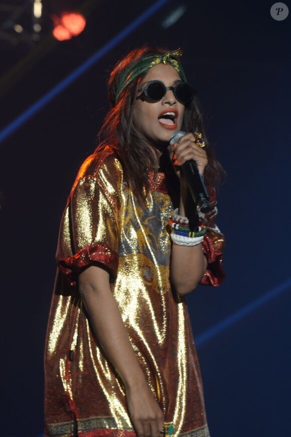 La chanteuse M.I.A au défilé Etam à Paris le 26 février 2013