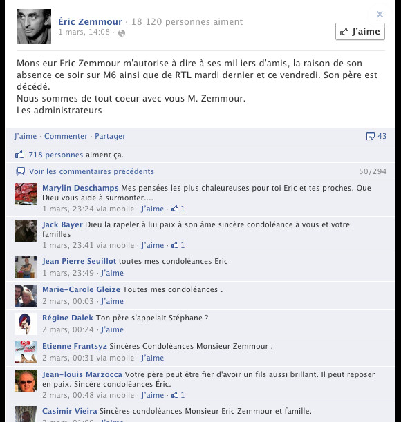 Message Facebook publiée sur une page non-officielle consacrée à Eric Zemmour, le 1er mars 2013.