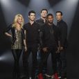 Shakira, Usher, Adam Levine et Blake Shelton posent pour la promo de la 4e saison de The Voice, sur NBC dès le 25 mars 2013.