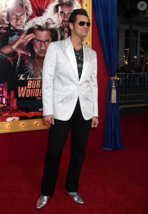 Jim Carrey stylé à la première du film The Incredible Burt Wonderstone au TCL Chinese Theatre à Hollywood, le 11 mars 2013.