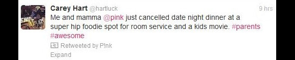 Carey Hart, le mari de Pink a posté un message sur son Twitter le 13 mars 2013.
