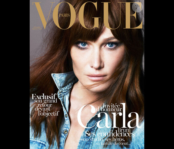 Carla Bruni en couverture du magazine Vogue Paris, en kiosques le 3 décembre 2012.