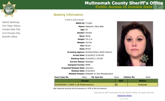 Beth Ditto a été arrêtée dans la nuit du 15 au 16 mars 2013 à Portland.