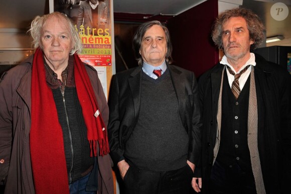 Lou Castel, Philippe Garrel et Jean-Pierre Léaud lors de la première du film La naissance de l'amour (sorti en 1993) pour l'ouverture du Festival Théâtre et Cinéma au Magic Cinéma de Bobigny le 3 avril 2013.