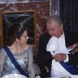 La princesse Mary de Danemark avec son beau-père le prince Henrik au dîner de gala donné par la reine Margrethe II de Danemark en l'honneur du président de la Finlande Sauli Niinistö et sa compagne Jenni Haukio au palais de Fredensborg, le 4 avril 2013.