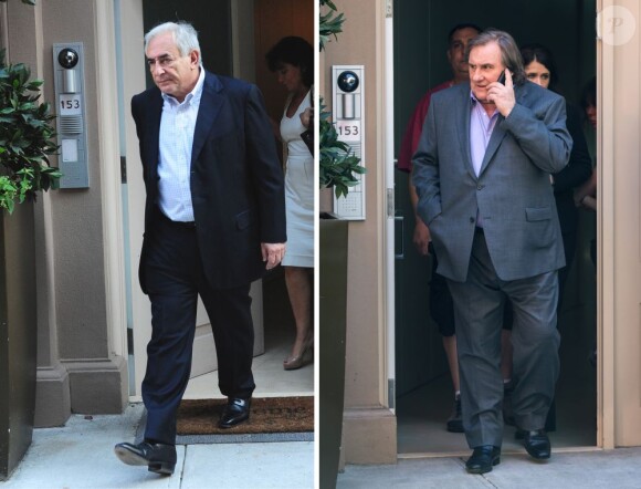 Photomontage de Gérard Depardieu sur le tournage du film inspiré de l'affaire DSK à New York le 25 avril 2013 face à Dominique Strauss-Kahn quittant son appartement en mai 2001