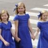 Les princesses Catharina-Amalia (9 ans), Alexia (7 ans) et Ariane (6 ans), filles du roi Willem-Alexander des Pays-Bas et de la reine Maxima à leur arrivée à la Nouvelle Eglise d'Amsterdam pour la prestation de serment de Willem-Alexander, le 30 avril 2013.