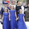 Les princesses Catharina-Amalia (9 ans), Alexia (7 ans) et Ariane (6 ans), filles du roi Willem-Alexander et de la reine Maxima des Pays-Bas, à la Nouvelle Eglise d'Amsterdam lors de la prestation de serment de Willem-Alexander, le 30 avril 2013.