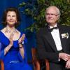 Le Roi Carl Gustav et la Reine Silvia de Suède ravis au dîner de gala pour le 375e anniversaire de la fondation de la Nouvelle-Suède à Wilmington le 11 mai 2013.