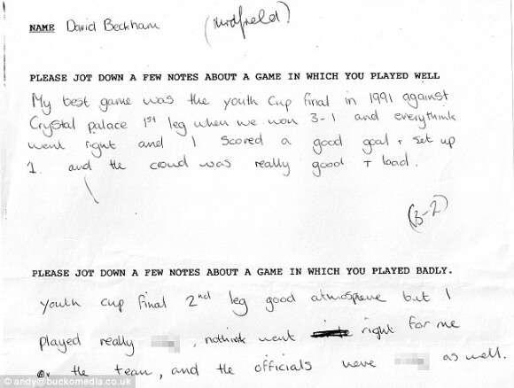 Lettre de David Beckham à Sir Alex Ferguson en 1991.