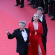 Roman Polanski, Emmanuelle Seigner et Mathieu Amalric lors de la montée des marches de leur film La Vénus à la fourrure le 25 mai 2013 au Festival de Cannes