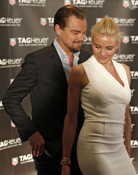 Leonardo DiCaprio et Cameron Diaz, joli couple d'ambassadeurs de Tag Heuer se présentent sur le yacht de la marque d'horlogerie à Monte Carlo. Le 25 mai 2013.