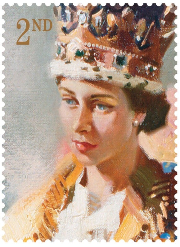 Timbre à l'effigie de la reine Elizabeth II, d'après un portrait par Terence Cuneo (1953), pour une série de timbres du Royal Mail à l'occasion des 60 ans du couronnement de la souveraine.