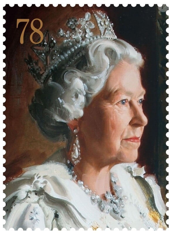 Timbre à l'effigie de la reine Elizabeth II, d'après un portrait par Andrew Festing, pour une série de timbres du Royal Mail à l'occasion des 60 ans du couronnement de la souveraine.