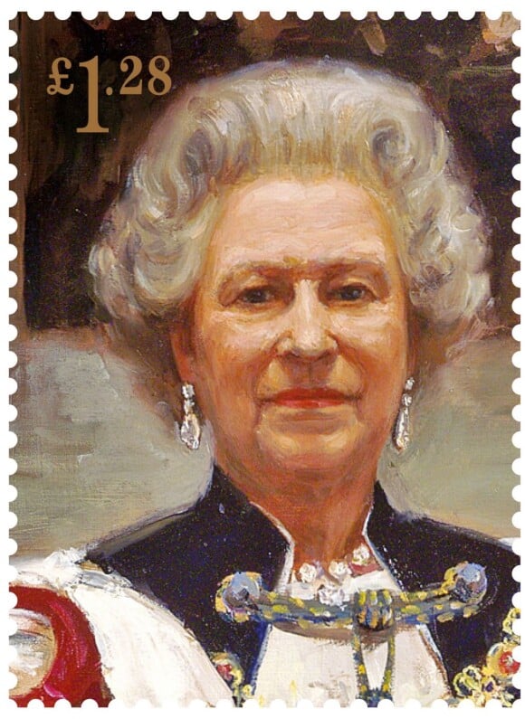 Timbre à l'effigie de la reine Elizabeth II, d'après un portrait par Sergei Pavlenko (2000), pour une série de timbres du Royal Mail à l'occasion des 60 ans du couronnement de la souveraine.