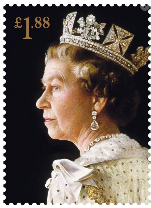 Timbre à l'effigie de la reine Elizabeth II, d'après un portrait par Richard Stone (1992), pour une série de timbres du Royal Mail à l'occasion des 60 ans du couronnement de la souveraine.