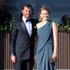 Le prince Guillaume, grand-duc héritier de Luxembourg, et la princesse Stéphanie arrivant au Grand Hotel de Stockholm le 7 juin 2013 pour le dîner privé offert à l'occasion du mariage de la princesse Madeleine et de Chris O'Neill.