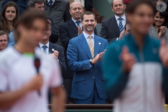 Le prince Felipe d'Espagne à Roland-Garros le 9 juin 2013 à l'issue de la finale 100% ibérique entre Rafael Nadal et David Ferrer remportée par le Majorquin