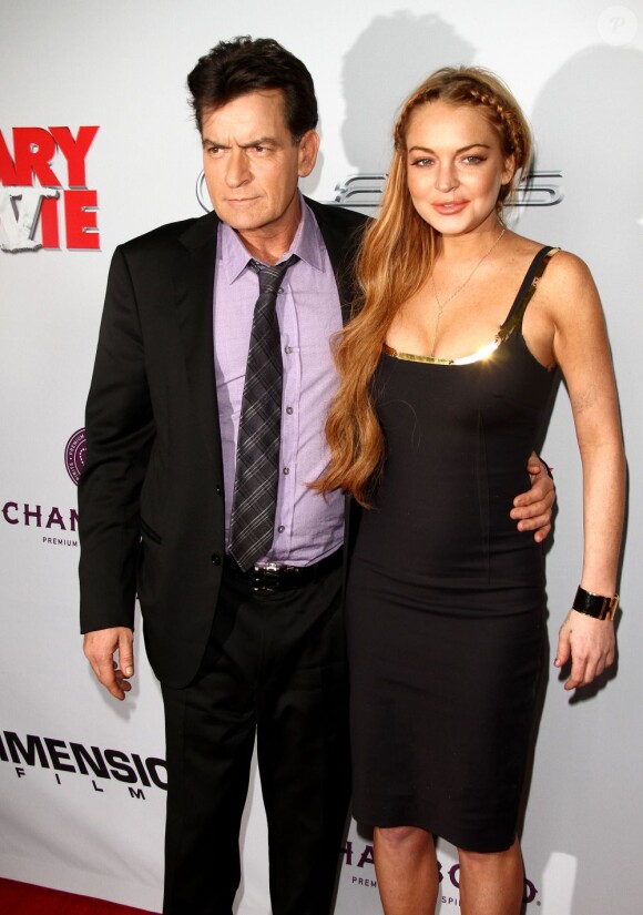 Lindsay Lohan et Charlie Sheen à la première du film Scary Movie 5 au cinéma Arclight à Hollywood. Le 11 avril 2013.