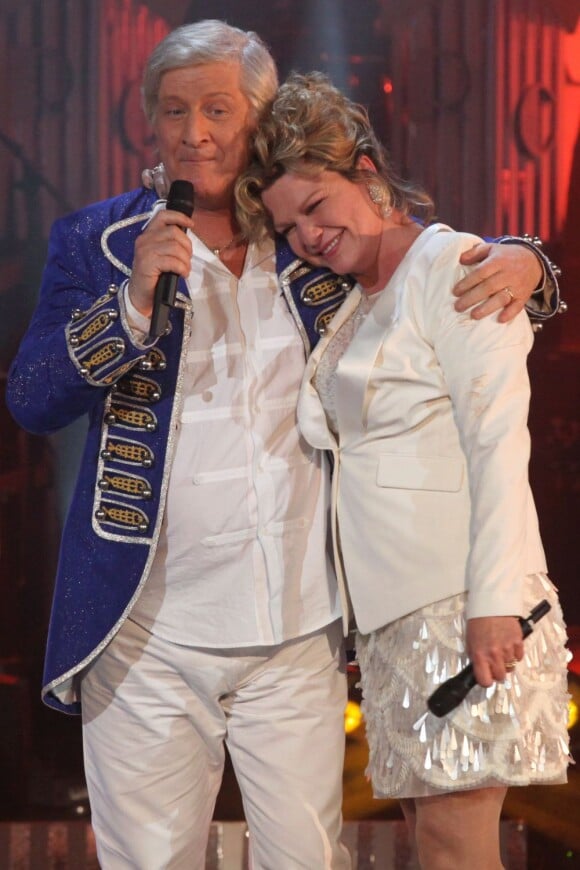 Jeane Manson et Patrick Sébastien lors de l'enregistrement de l'émission Les années bonheur, le 16 avril 2013.