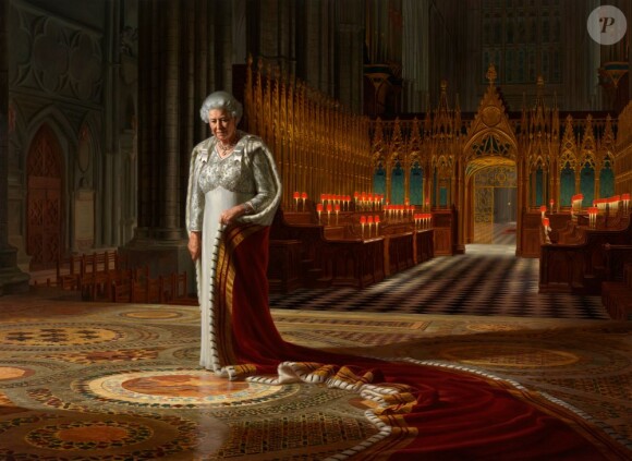 "Le Théâtre du couronnement, Abbaye de Westminster : un portrait de sa Majesté la reine Elizabeth II", réalisé par l'Australien Ralph Heimans à l'occasion du jubilé de diamant en 2012. Accrochée à Westminster, la toile a été vandalisée le 13 juin 2013 par un père en colère, Tom Haries.