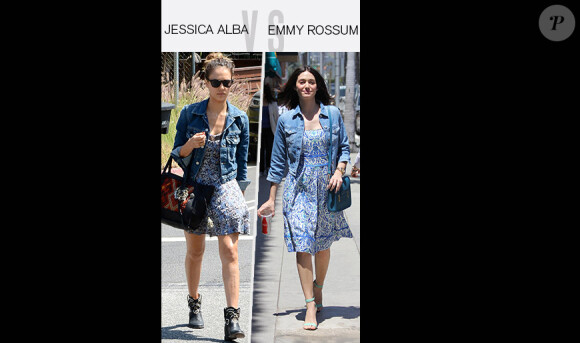 Jessica Alba et Emmy Rossum s'affrontent dans le match de look sur la veste en jean