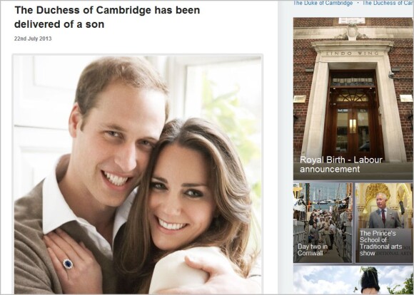 Kate Middleton a accouché le 22 juillet 2013 à 16h44 (17h44 heure française) d'un petit garçon, titré prince de Cambridge, qui pesait 3,8 kilos. Le prince William était présent à l'hôpital St Mary.