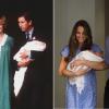 A 31 ans d'intervalle, à la sortie de la maternité de l'aile Lindo de l'hôpital St Mary à Londres : la princesse Diana et le prince Charles avec leur fils le prince William de Galles, le 22 juin 1982, et Kate Middleton et le prince William avec leur fils le prince George de Cambridge, le 23 juillet 2013.
