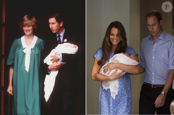 A 31 ans d'intervalle, à la sortie de la maternité de l'aile Lindo de l'hôpital St Mary à Londres : la princesse Diana et le prince Charles avec leur fils le prince William de Galles, le 22 juin 1982, et Kate Middleton et le prince William avec leur fils le prince George de Cambridge, le 23 juillet 2013.