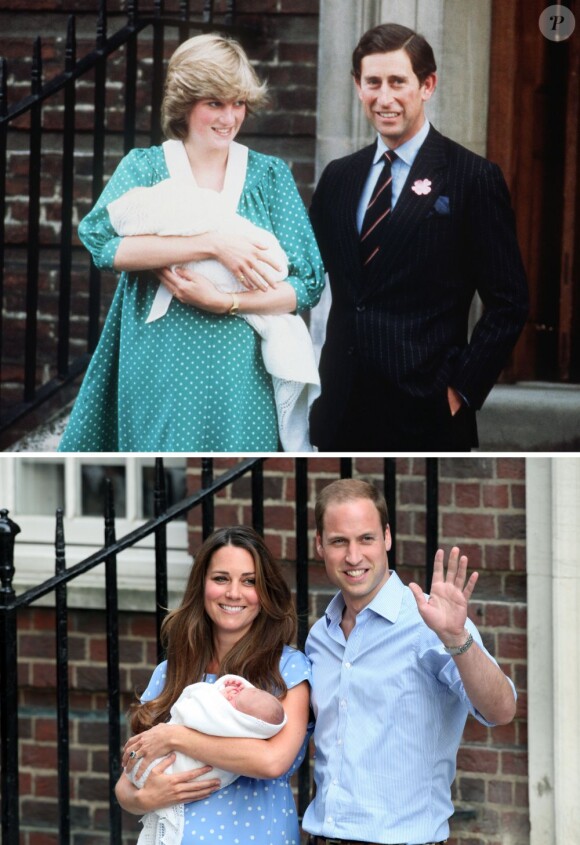 A 31 ans d'intervalle, à la sortie de la maternité de l'aile Lindo de l'hôpital St Mary à Londres : la princesse Diana et le prince Charles avec leur fils le prince William de Galles, le 22 juin 1982, et Kate Middleton et le prince William avec leur fils le prince George de Cambridge, le 23 juillet 2013.