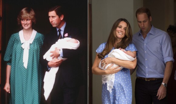 A 31 ans d'intervalle, à la sortie de la maternité de l'hôpital St Mary à Londres : la princesse Diana et le prince Charles avec leur fils le prince William de Galles, le 22 juin 1982, et Kate Middleton et le prince William avec leur fils le prince George de Cambridge, le 23 juillet 2013.