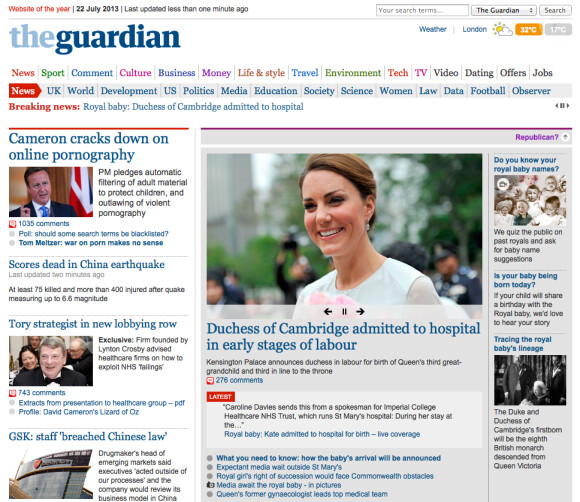 Version royaliste ! Le site du quotidien britannique The Guardian propose une version royaliste et une version républicaine, cette dernière permettant d'échapper au battage autour du royal baby dont doit accoucher Kate Middleton.