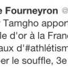 Tweet de félicitations de la ministre des Sports Valérie Fourneyron à Teddy Tamgho pour son titre de champion du monde du triple saut à Moscou le 18 août 2013. Malheureusement, elle se trompe et l'appelle... "Thierry" Tamgho.