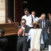 Sa fille, Meriem Vergès, son amour Marie-Christine, marquise de Solages, son frere Paul Vergès et sa nièce Françoise Vergès aux funérailles de l'avocat Jacques Vergès en l'église Saint-François d'Aquin à Paris le 20 août 2013.