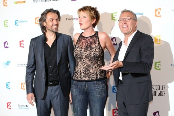 Aymeric Caron, Natacha Polony et Laurent Ruquier d'"On n'est pas couché" lors de la conférence de presse de rentrée de France Télévisions au Palais de Tokyo à Paris le 27 août 2013.