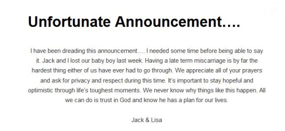 Lisa et Jack Osbourne ont annoncé la fausse couche de la jeune femme le 5 septembre 2013.