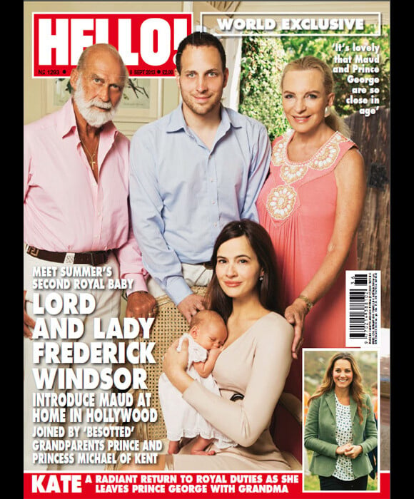 Lord Freddie Windsor, entouré de ses parents le prince et la princesse Michael de Kent, et son épouse Winkleman ont présenté leur bébé, Maud, dans le magazine Hello! du 16 septembre 2013, un mois et un jour après sa naissance à Los Angeles.