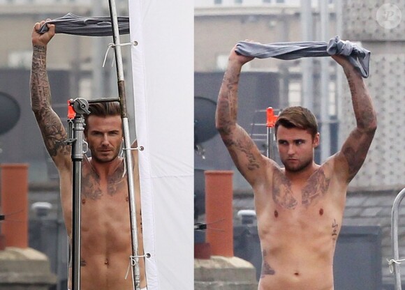 David Beckham et sa doublure sur le tournage de sa publicité pour David Beckham Bodywear. Londres, le 1er octobre 2013.