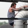 David Beckham fait valoir ses qualités athlétiques sur le tournage d'un spot publicitaire pour David Beckham Bodywear, sa ligne de sous-vêtements pour H&M. Londres, le 1er octobre 2013.