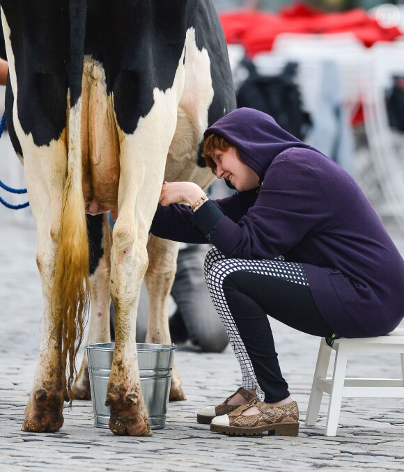 Lena Dunham trait une vache pour le show télé "Billy on the Street" à New York, le 9 octobre 2013.