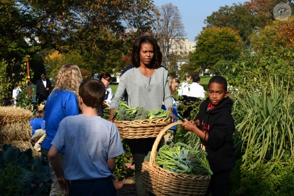 Michelle Obama lors de la récolte au potager de la Maison Blanche le 30 octobre 2013