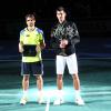 Novak Djokovic et David Ferrer lors de la cérémonie de remise des prix au terme de la finale du Masters 1000 de Paris-Bercy, le 3 novembre 2013, remporté par le serbe. Le trophée lui a été remis par Laura Flessel, en présence du directeur Guy Forget.