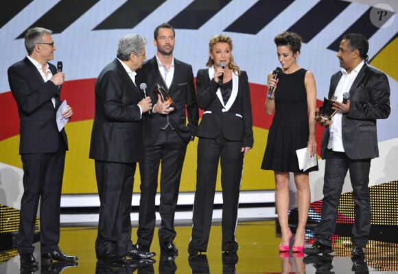 Virginie Guilhaume, Laurent Ruquier, Emmanuel Moire, Sheila, Enrico Macias et Khaled lors de la 28 eme édition des Victoires de la Musique au Zénith de Paris, le 8 février 2013.