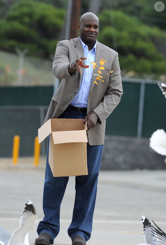 Shaquille O'Neal distribue des chips lors d'un tournage pour la campagne Decade à destination des adolescents, afin de les sensibiliser sur les méfaits de l'alcool, le 12 novembre 2013