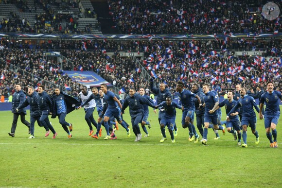 Les Bleus après la victoire de l'équipe de France face à l'Ukraine (3-0), qui la qualifie pour le mondial 2014 au Brésil, le 19 novembre 2013 au Stade de France à Saint-Denis