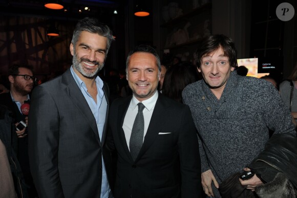 Exclusif : Pierre Palmade et François Vincentelli entourent Grégory Marciano, cofondateur de Sushi Shop, à la soirée Sushi Shop organisée au Minipalais à Paris, le 19 novembre 2013.