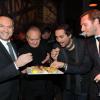 Exclusif : Les fondateurs de Sushi Shop, Grégory Marciano, Hervé Louis et Adrien de Schompré, avec Joël Robuchon à la soirée Sushi Shop organisée au Minipalais à Paris, le 19 novembre 2013.